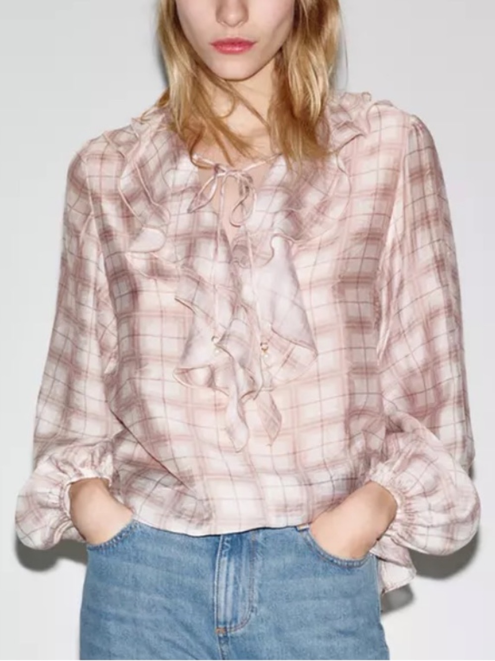 Zara cream plaid long sleeve ruffle light blouse top shirt size M